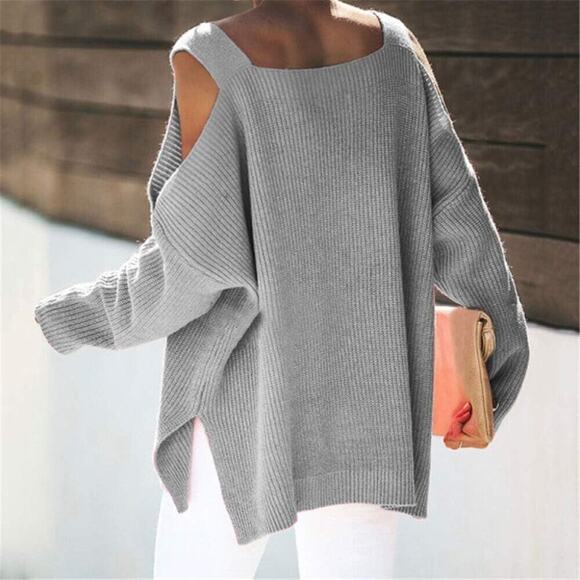 Women's Cold Shoulder Oversized Sweaters Grey Batwing Long Sleeve Top - Picture 3 of 4